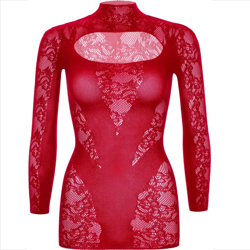 Mini-robe Leg Avenue dentelle manches longues avec transparence Rouge Taille unique