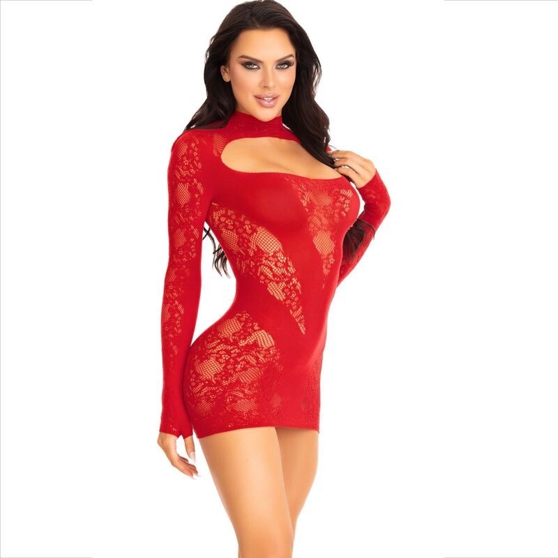 Mini-robe Leg Avenue dentelle manches longues avec transparence Rouge Taille unique