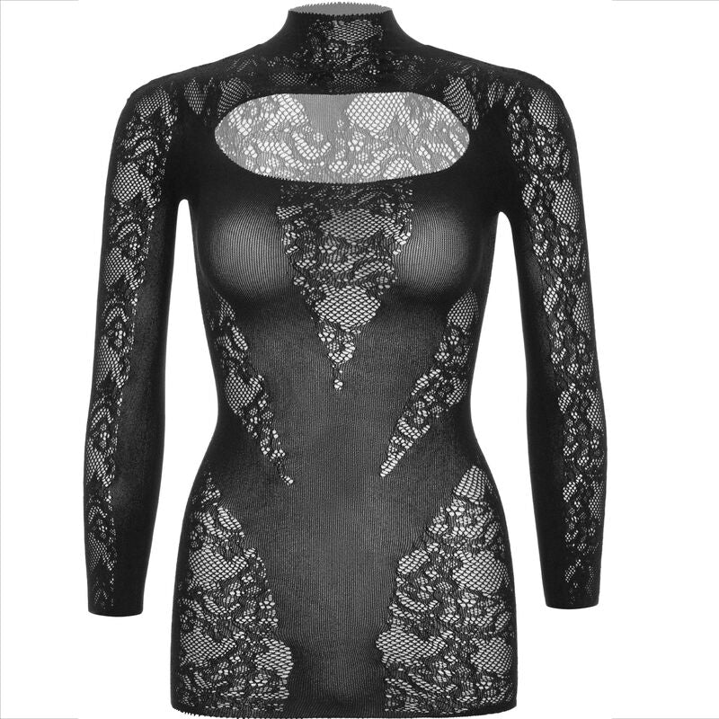 Mini-robe noire en dentelle florale Leg Avenue presentee a plat : col montant, manches longues, decoupe poitrine et maille ajouree detaillee sans modele.