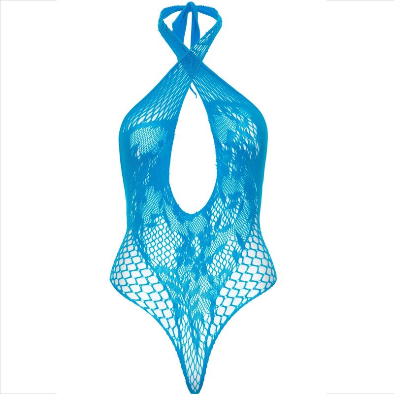 Body teddy turquoise en dentelle et resille ajouree Leg Avenue presente a plat : encolure croisee, decoupe string, maille graphique visible sans modele.