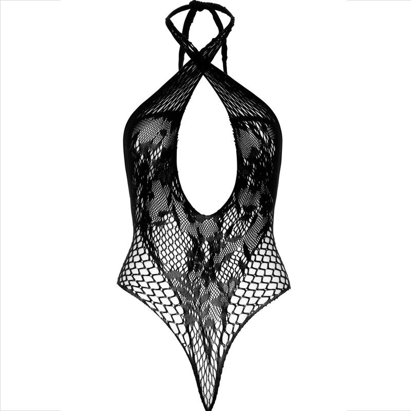 Body teddy noir en resille et dentelle ajouree Leg Avenue presente a plat : encolure croisee, decoupe string, maille graphique detaillee sans modele.