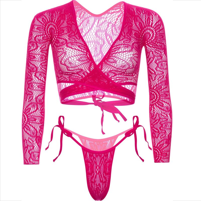Ensemble dentelle rose fuchsia presente a plat, crop top cache-coeur manches longues et string a nouer, motif floral ajoure, lingerie Leg Avenue