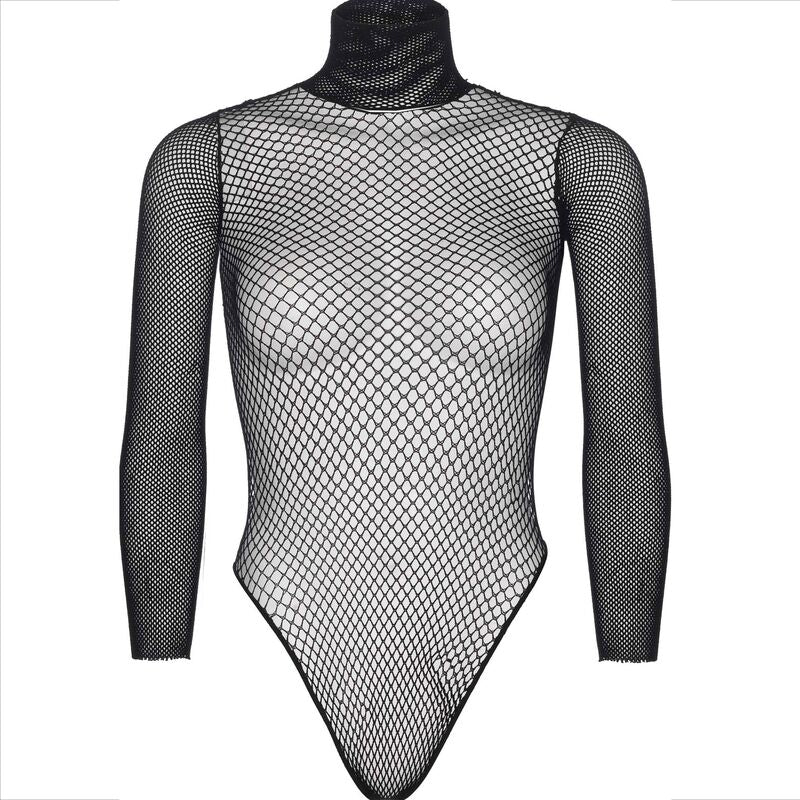 Body resille noir a col roule et manches longues presente a plat, maille filet souple et entrejambe a pressions, lingerie taille unique Leg Avenue