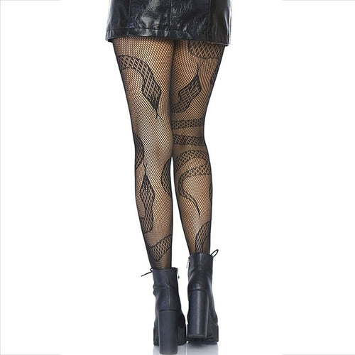 Collants resille noirs a motif serpent vus de face sur jambes et bottines a lacets, maille filet stretch graphique Leg Avenue, look industriel sensuel et rock taille unique.