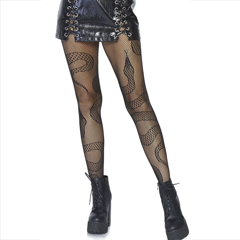 Collants resille noirs a motif serpent ajoure portes de profil sous jupe vinyle avec rangers, maille filet graphique Leg Avenue, allure audacieuse rock en taille unique.