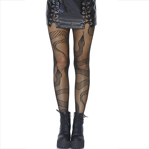 Collants resille noirs a motif serpent ajoure portes sous mini-jupe vinyle avec rangers, maille filet graphique Leg Avenue, design audacieux et rock en taille unique.