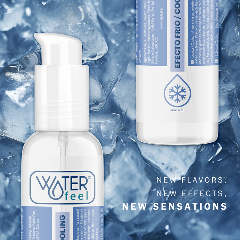 Gros plan du flacon Waterfeel effet cooling sur fond bleu glace, pictogramme flocon, nouvelles sensations refroidissantes du lubrifiant base eau