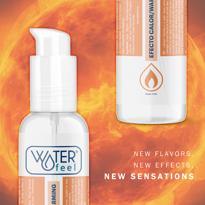 Gros plan du flacon Waterfeel warming sur fond orange flamboyant, pictogramme goutte de feu, nouvelles sensations chauffantes du lubrifiant base eau