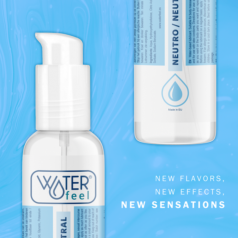 Gros plan du flacon Waterfeel neutro neutral sur fond bleu clair, goutte bleue, nouvelles sensations du lubrifiant naturel base eau pour la peau