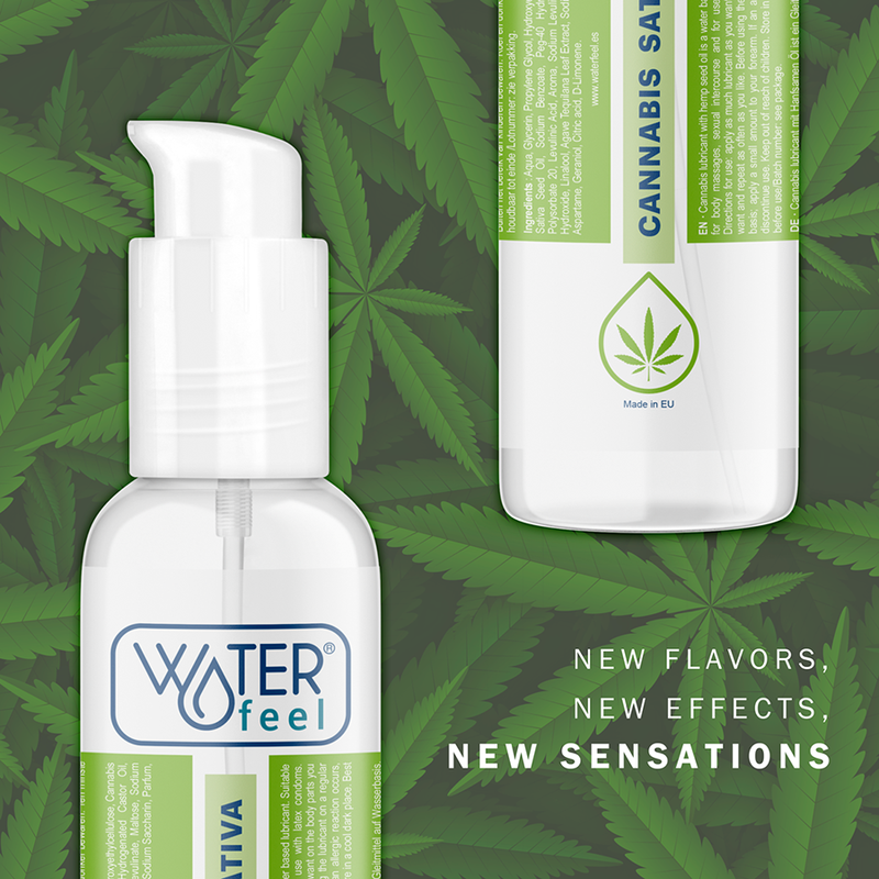 Gros plan du flacon Waterfeel cannabis sativa sur fond de feuilles vertes, lubrifiant base eau arome cannabis, nouvelles sensations gourmandes intimes