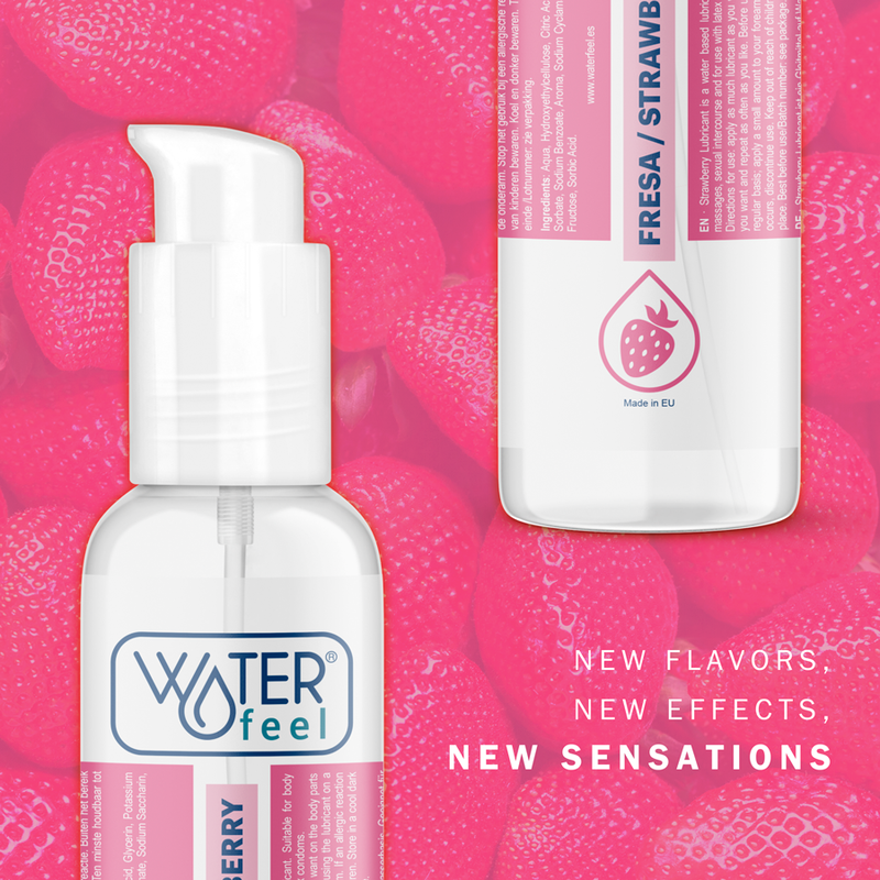 Gros plan du flacon Waterfeel fresa strawberry sur fond rose fraises, lubrifiant gourmand base eau, nouvelles sensations savoureuses pour caresses intimes