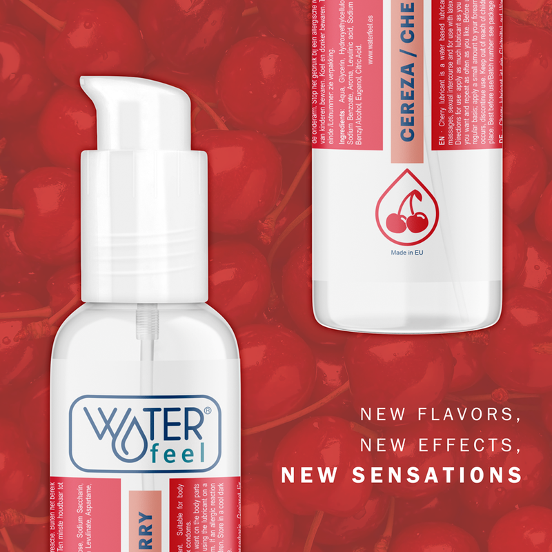Gros plan du flacon Waterfeel cereza cherry sur fond rouge cerises, lubrifiant gourmand base eau, nouvelles sensations savoureuses pour moments intimes