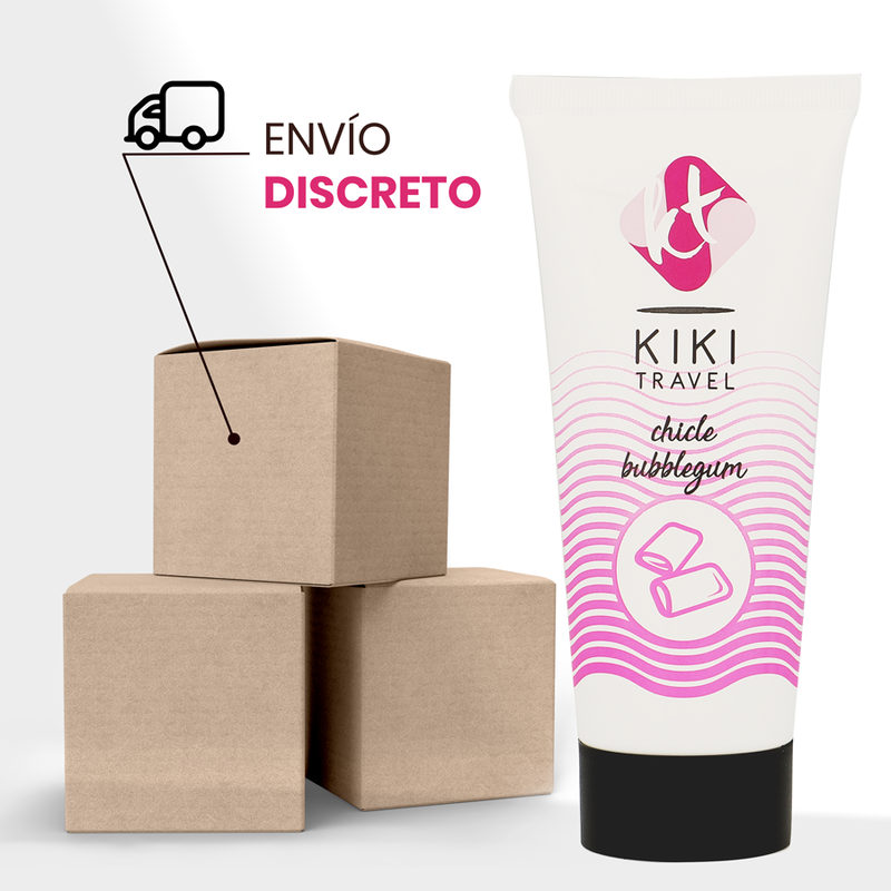 Lubrifiant fraise Kiki Travel pres de cartons d'expedition illustrant l'envoi discret, format voyage base eau, saveur chewing-gum, vegan et compatible preservatifs latex.