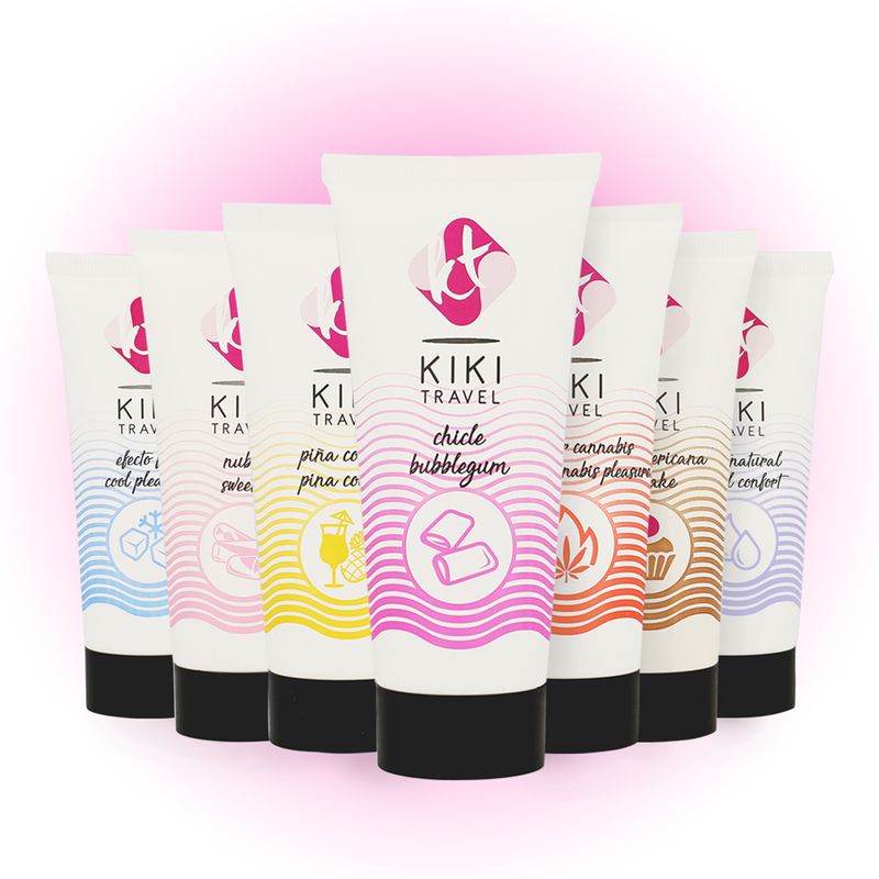 Gamme complete des lubrifiants gourmands Kiki Travel alignes par saveurs colorees, dont le chewing-gum fraise, tous en base eau hydratante vegan sans sucre ni gluten.
