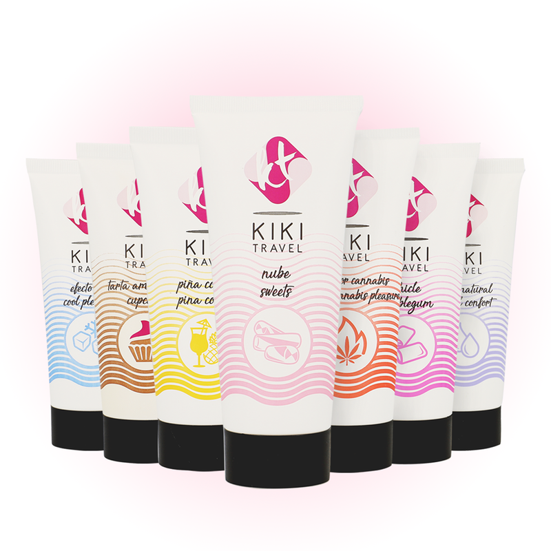 Gamme complete des lubrifiants gourmands Kiki Travel alignes par saveurs colorees, dont le saveur bonbon, tous en base eau hydratante vegan sans sucre ni gluten.