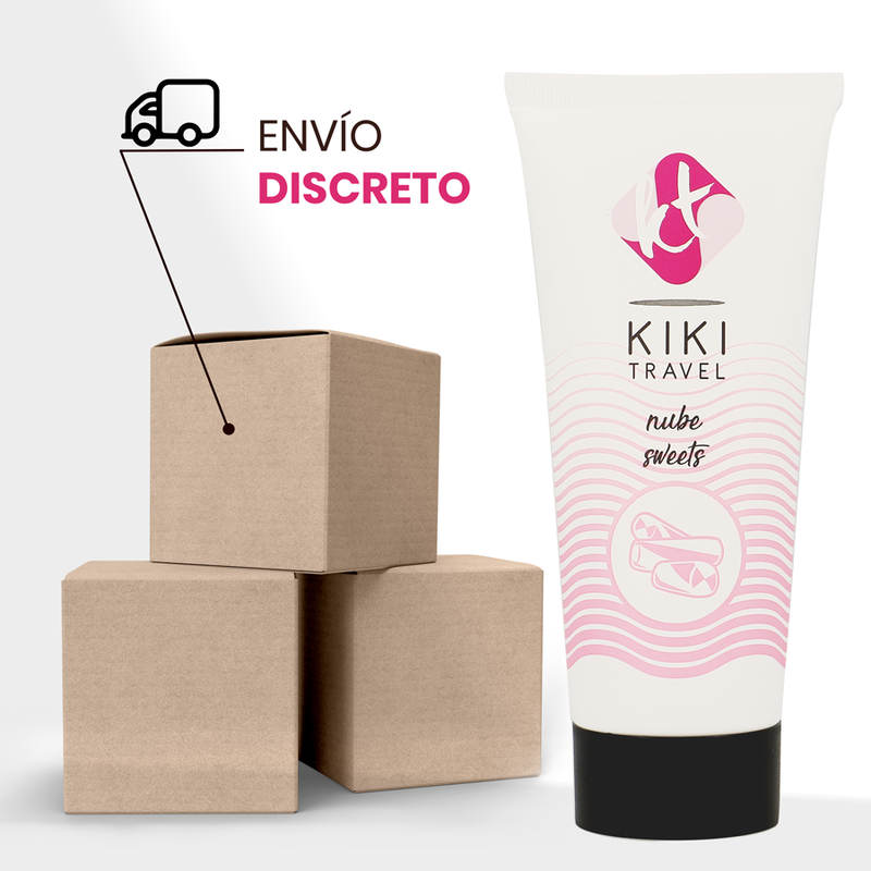 Lubrifiant saveur bonbon Kiki Travel pres de cartons d'expedition pour l'envoi discret, format voyage base eau, gout sucre, vegan et compatible preservatifs latex.