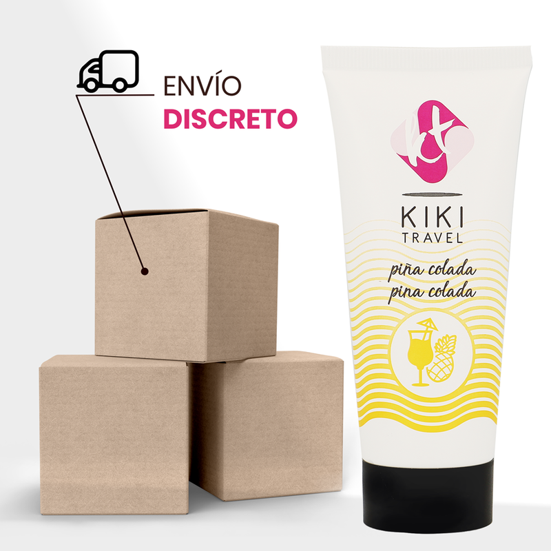 Lubrifiant Pina Colada Kiki Travel pres de cartons d'expedition pour l'envoi discret, format voyage base eau, saveur ananas coco, vegan et compatible tous sextoys.