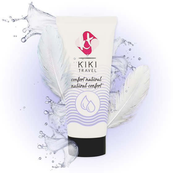 Tube de lubrifiant base eau Kiki Travel confort naturel, presente de face avec plumes blanches et eclaboussures d'eau, formule hydratante vegan sans sucre a l'aloe vera.