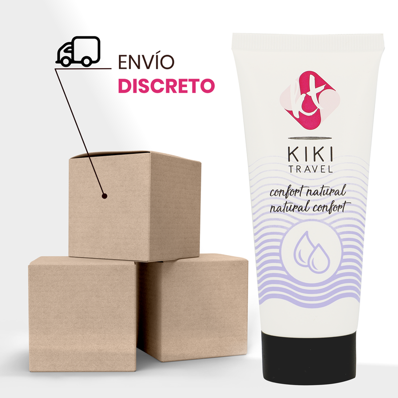 Lubrifiant base eau Kiki Travel confort naturel pres de cartons d'expedition pour l'envoi discret, format voyage hydratant, vegan et compatible preservatifs latex.