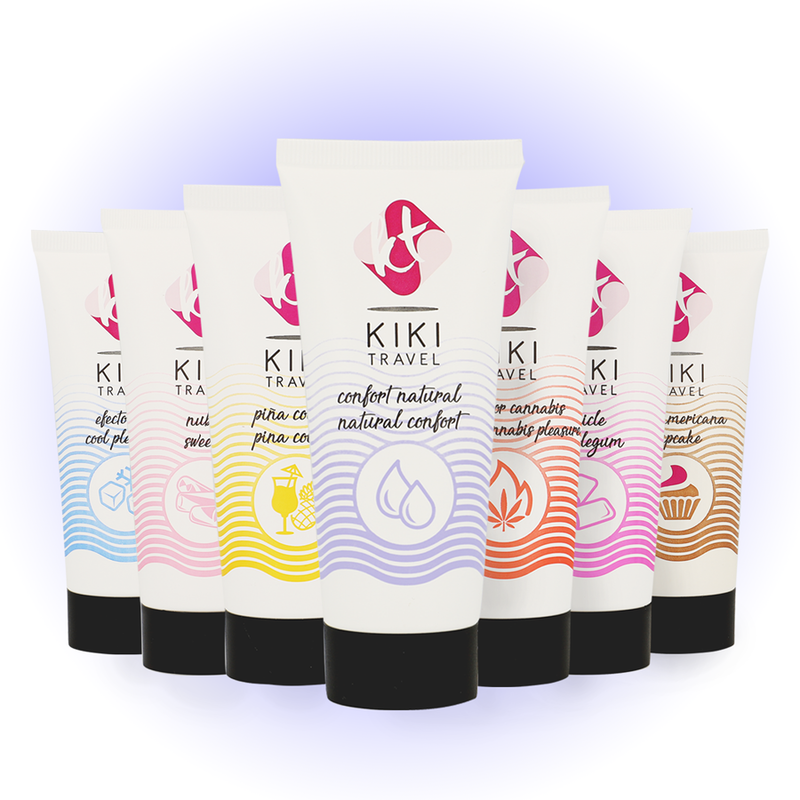 Gamme complete des lubrifiants Kiki Travel alignes par saveurs colorees, dont le confort naturel base eau, tous hydratants vegan sans sucre ni gluten ni paraben.