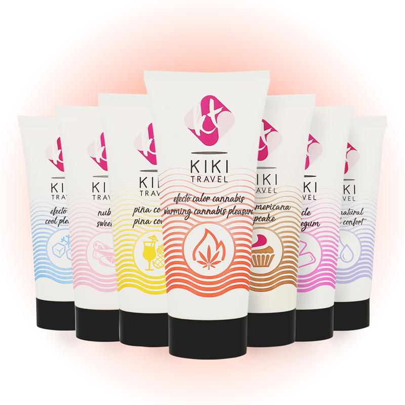 Gamme complete des lubrifiants Kiki Travel alignes par saveurs colorees, dont l'arome cannabis chauffant, tous en base eau vegan sans sucre ni gluten ni paraben.