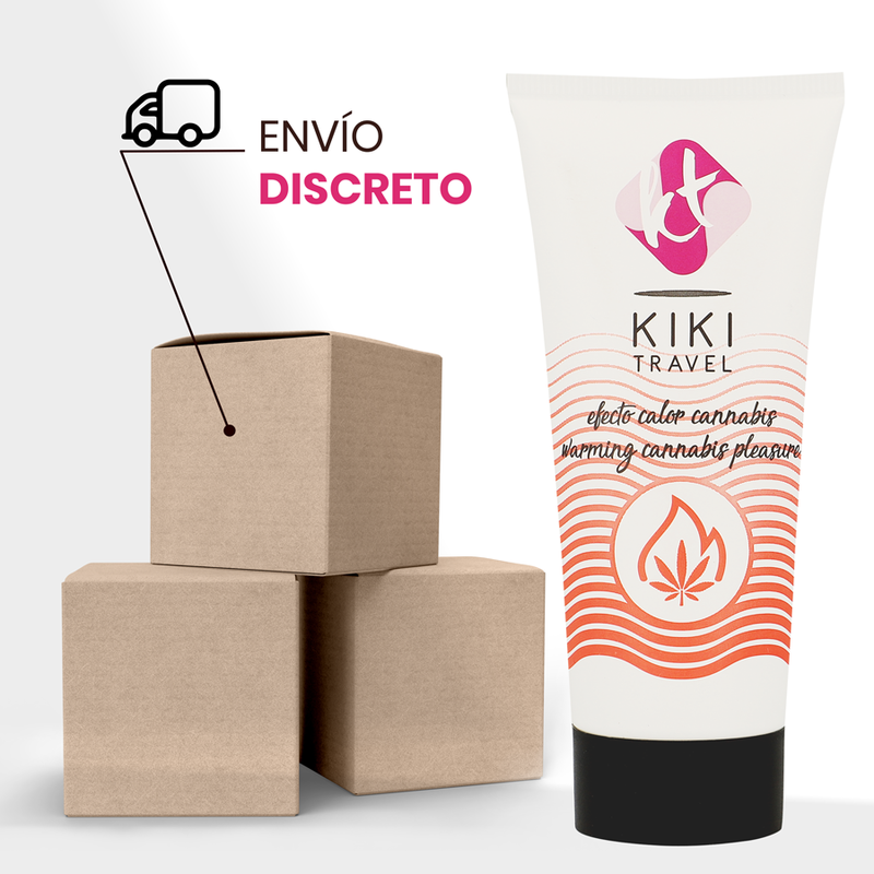 Lubrifiant chauffant arome cannabis Kiki Travel pres de cartons d'expedition pour l'envoi discret, format voyage base eau effet chaleur, vegan compatible preservatifs.