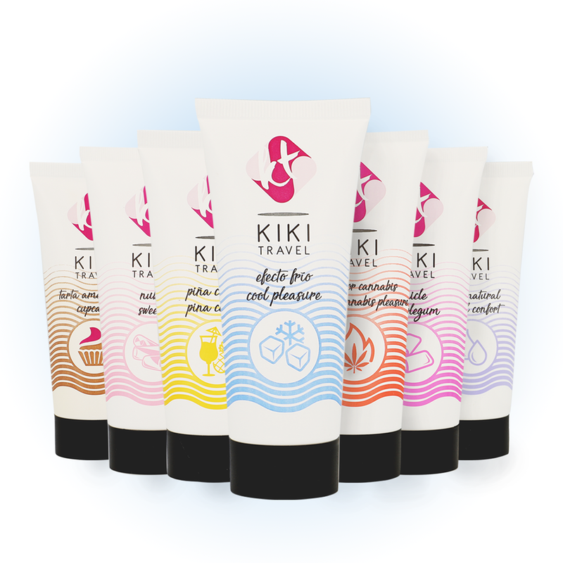 Gamme complete des lubrifiants Kiki Travel alignes par saveurs colorees, dont l'effet froid refroidissant, tous en base eau vegan sans sucre ni gluten ni paraben.