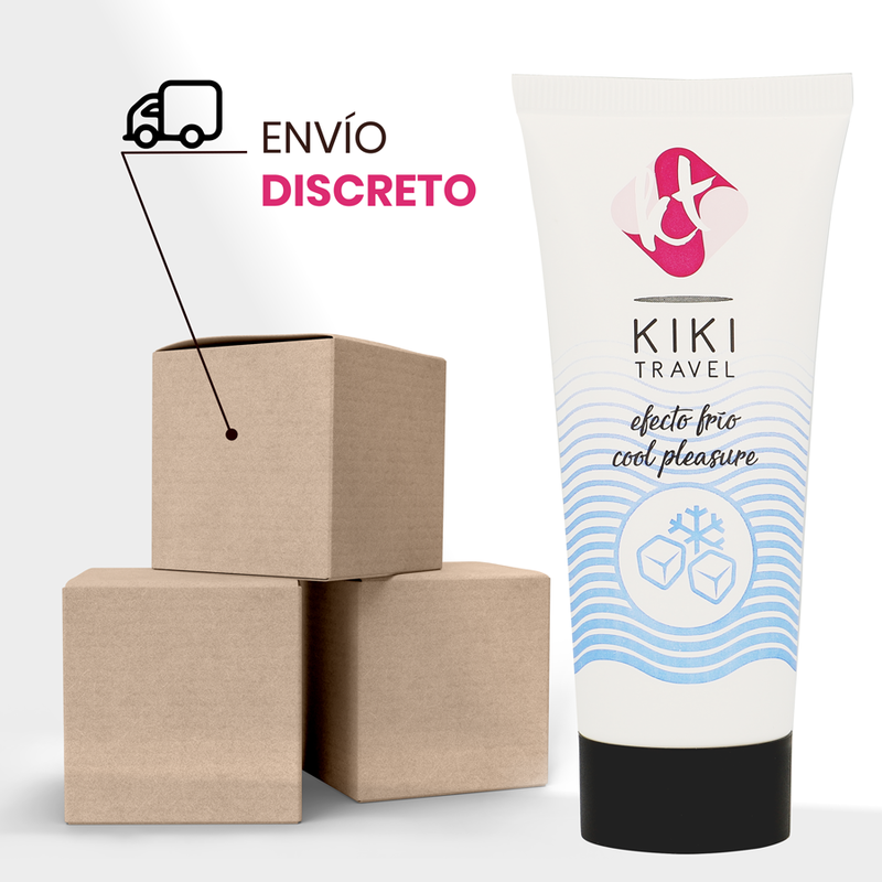 Lubrifiant effet refroidissant Kiki Travel pres de cartons d'expedition pour l'envoi discret, format voyage base eau fraicheur, vegan et compatible preservatifs latex.
