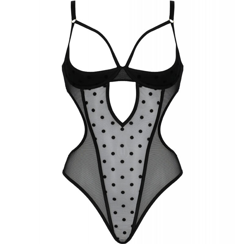 Presentation a plat du body resille noir Passion a pois, bonnets a armatures et empiecement transparent, vue produit detouree sur fond blanc.