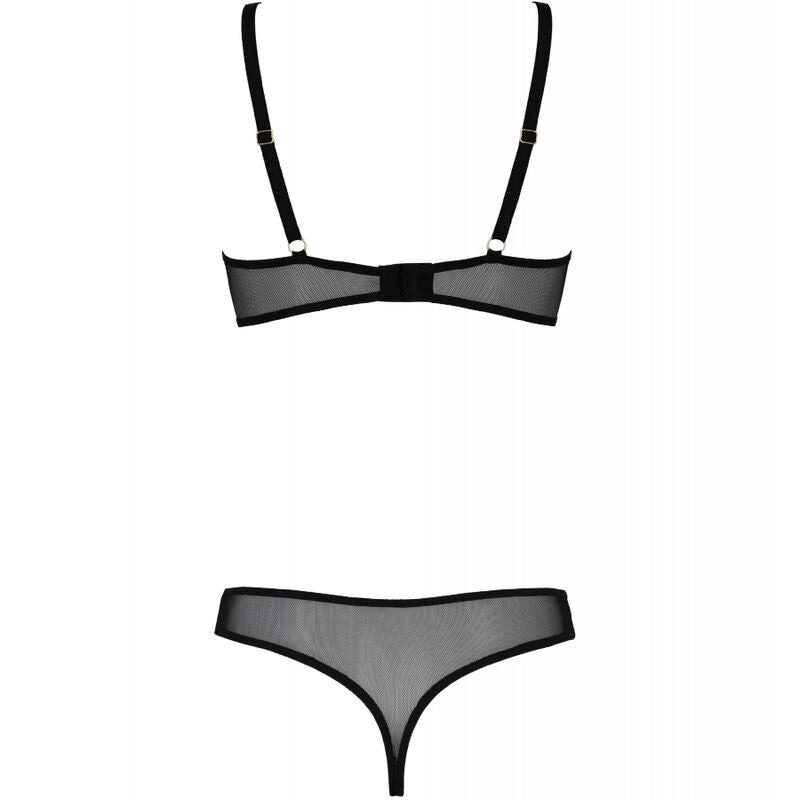 Presentation a plat du soutien-gorge resille noir Passion et de son string assorti, vue produit detouree sur fond blanc sans modele.