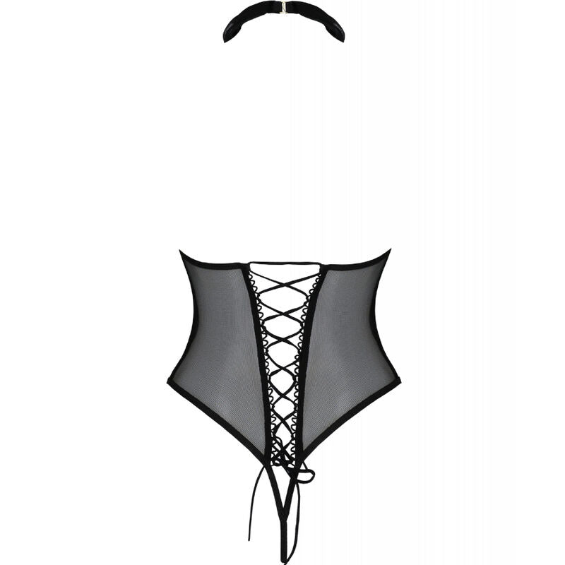 Presentation a plat du dos du body resille noir Passion avec laçage corset central, vue produit detouree sur fond blanc sans modele.
