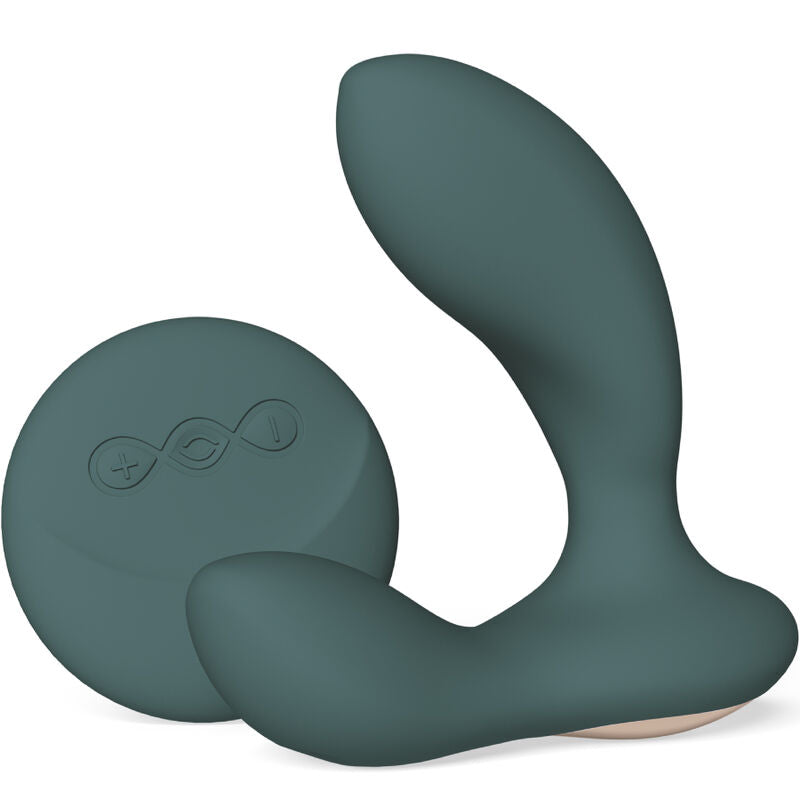 Masseur de prostate Hugo 2 Remote vert sapin vu de trois quarts, logo Lelo grave et base anti-derapante, stimulateur prostatique telecommande en silicone.