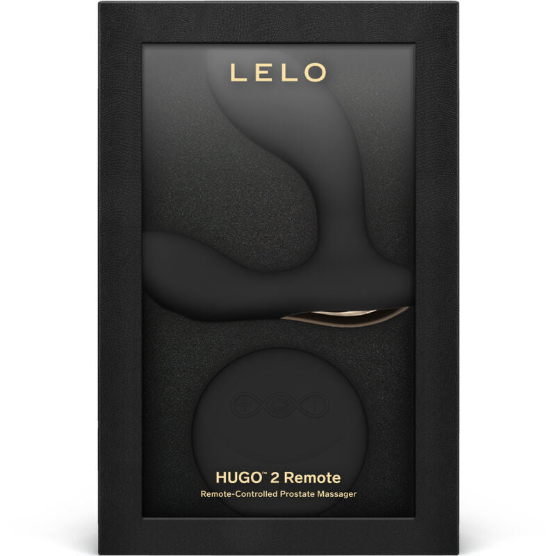 Boite noire Hugo 2 Remote Lelo presentant le masseur prostatique noir sous fenetre, packaging du stimulateur prostatique telecommande rechargeable premium.