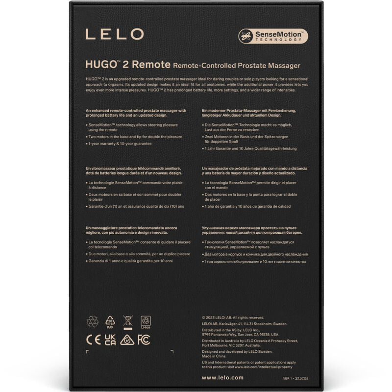 Dos de l emballage Hugo 2 Remote Lelo couvert de description SenseMotion multilingue et pictogrammes, packaging du masseur de prostate telecommande en silicone.