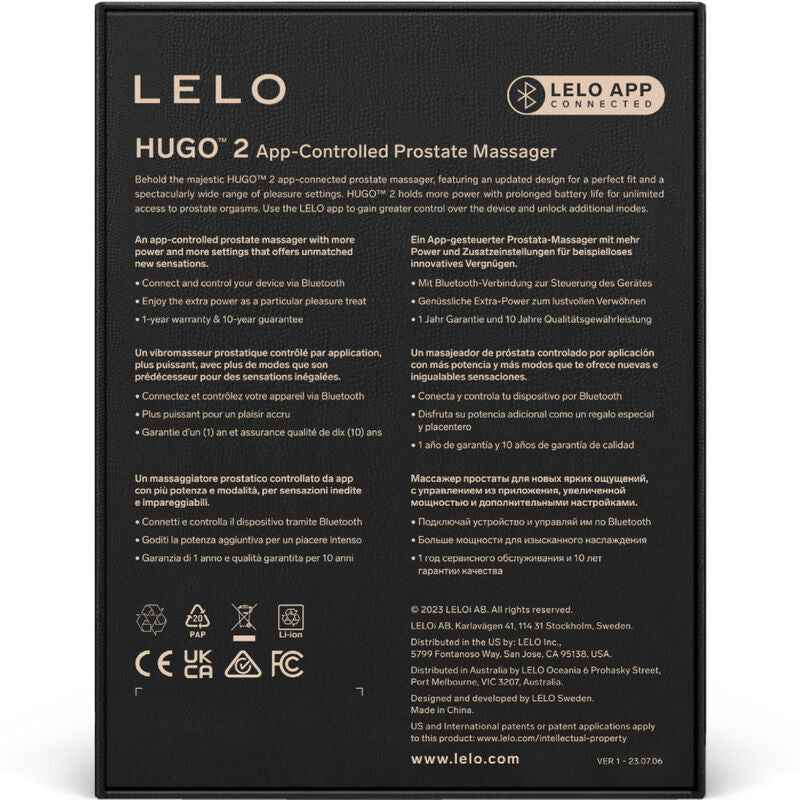 Dos de l emballage Hugo 2 Lelo avec description technique multilingue et pictogrammes de recyclage, packaging du masseur de prostate connecte rechargeable.