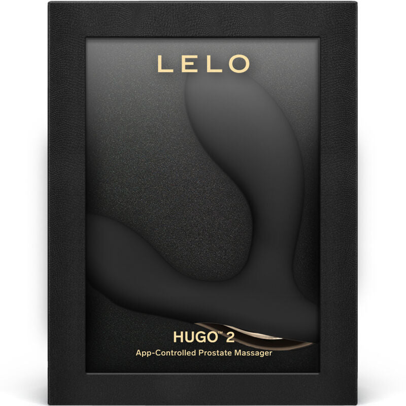 Boite noire Hugo 2 App-Controlled Prostate Massager Lelo presentant le stimulateur vert sous fenetre transparente, packaging soigne sans contenu anatomique.