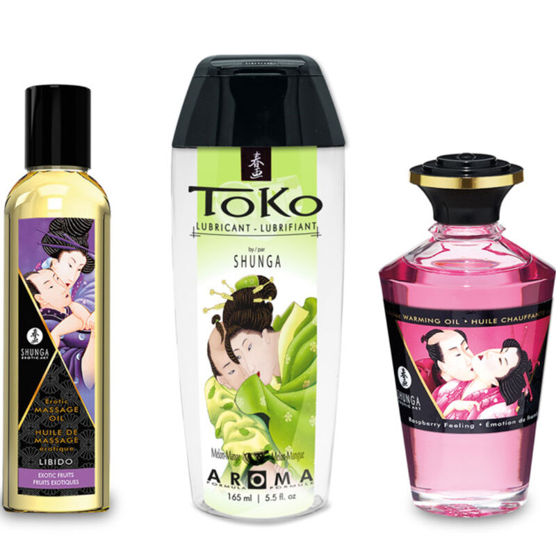 Flacon Toko Aroma Shunga melon mangue du kit baisers fruites avec fruits decoratifs, lubrifiant base eau soyeux compatible preservatifs et accessoires latex gourmand