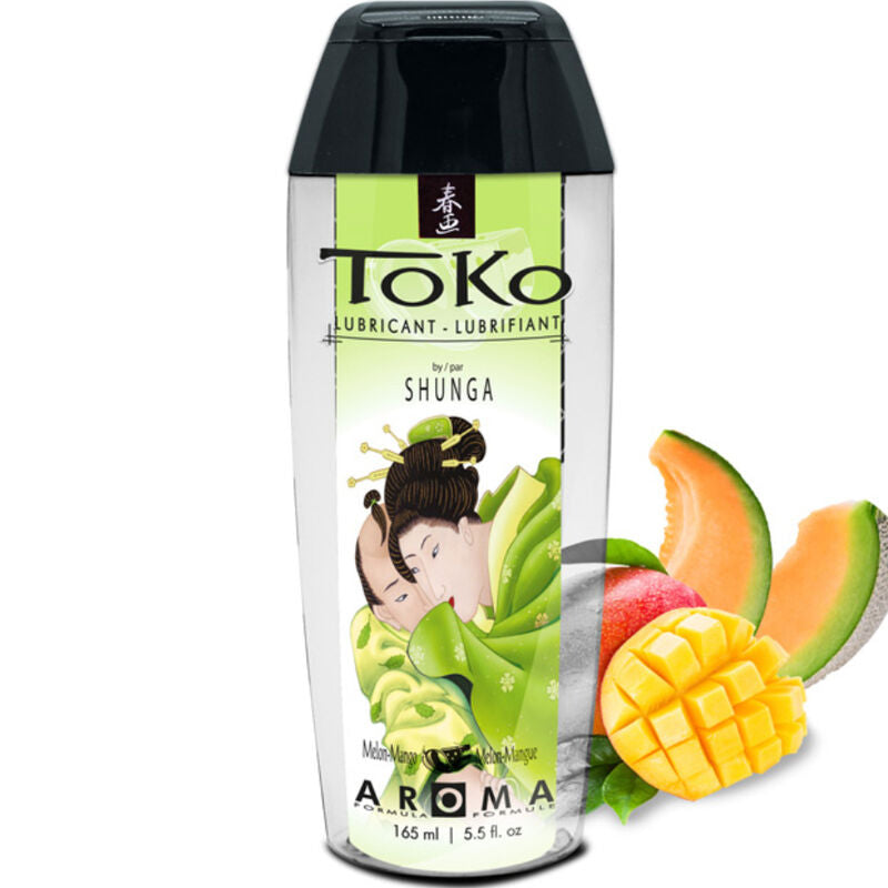 Flacon Toko Aroma Shunga melon mangue de face avec melon et mangue decoratifs, lubrifiant gourmand base eau ultra soyeux compatible preservatifs accessoires latex du kit fruite