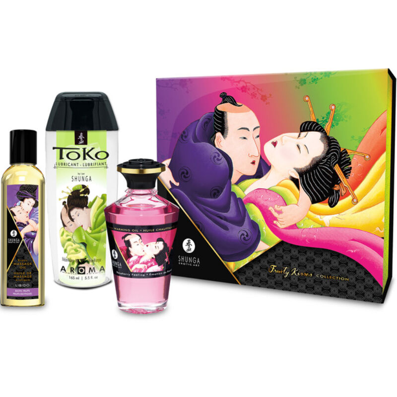 Kit Shunga collection baisers fruites etale avec flacons d huiles et lubrifiant, boite illustree d un couple enlace, trois produits naturels huile Libido chauffante et Toko
