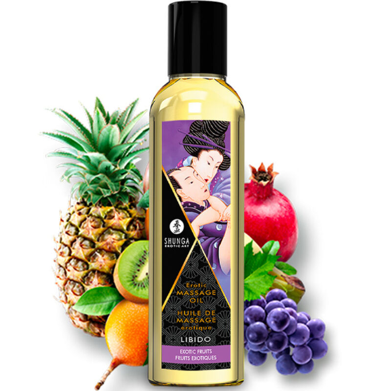 Flacon huile de massage Shunga Libido avec ananas grenade raisin kiwi, etiquette illustree d un couple enlace, huile sensuelle aux essences naturelles du kit baisers fruites