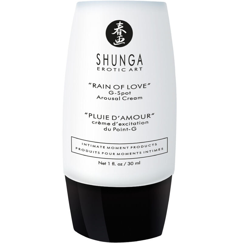 Crème stimulante Point G Rain of Love Shunga, flacon blanc et noir pompe vu de face, soin d'excitation du point G de 30 ml aux ingrédients de qualité alimentaire.