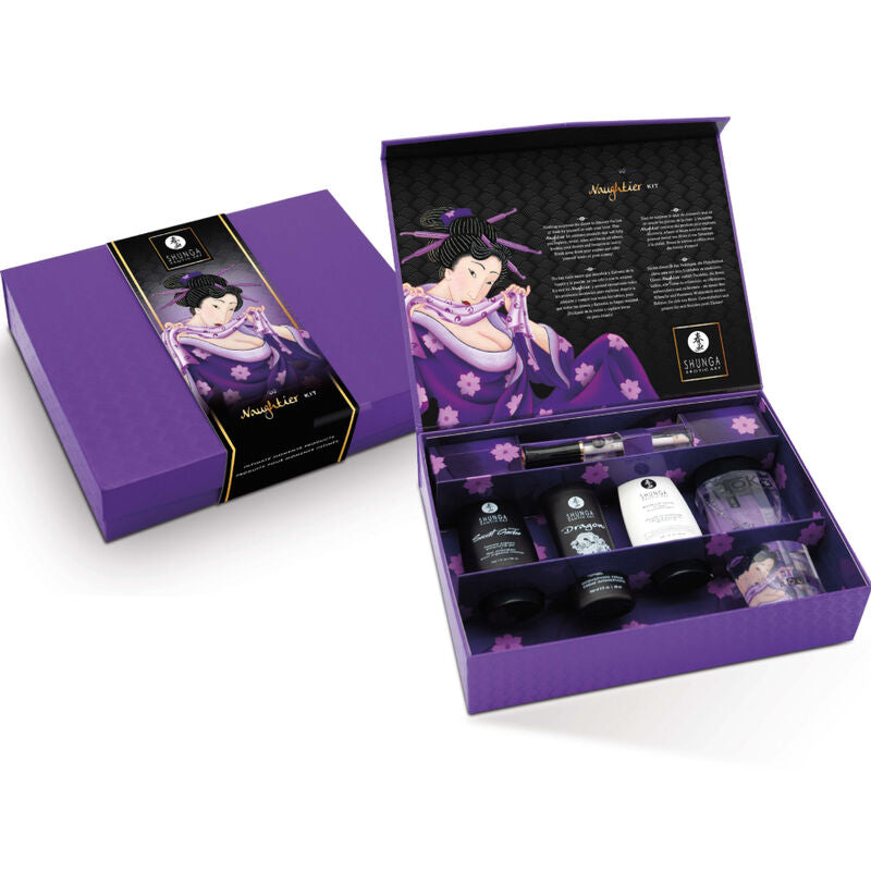Coffret Shunga ouvert sur fond violet, écrin illustré présentant flacons et accessoires de cosmétiques intimes, assortiment sensuel pour explorer le plaisir en couple.