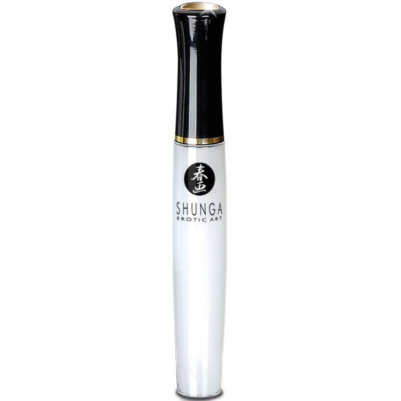 Gloss stimulant Shunga, applicateur élancé transparent et noir vu de face, effet chaud-froid picotant conçu pour accompagner le plaisir oral, saveur gourmande.