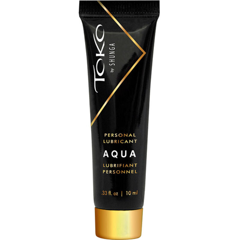 Lubrifiant personnel Toko Aqua Shunga en tube noir doré vu de face, 10 ml base eau, formule soyeuse compatible préservatifs pour faciliter le confort intime au quotidien.