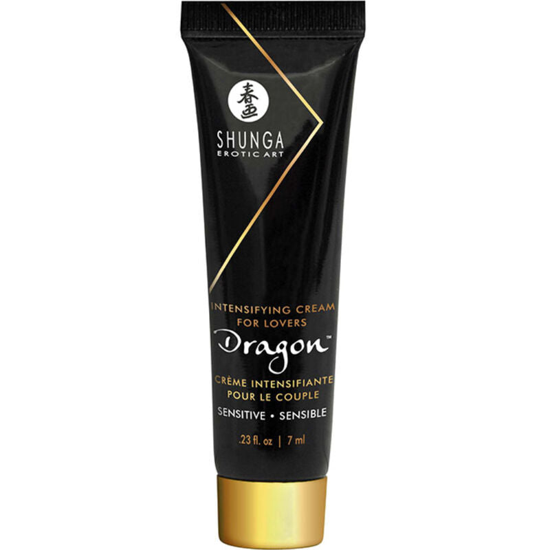 Crème intensifiante Dragon Shunga pour couples en tube noir doré, 7 ml format découverte, effet chaud-froid sensible compatible latex à base d'extraits de plantes naturelles.