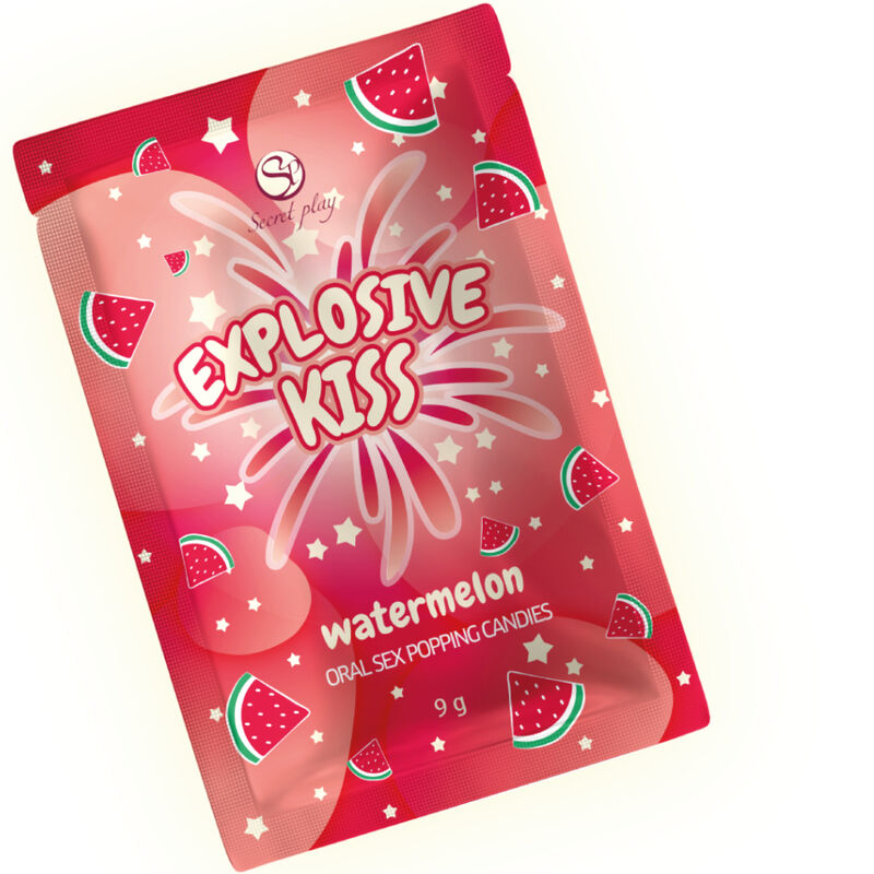 Sachet de bonbons explosifs Explosive Kiss saveur pasteque, fond rouge et motifs pasteque. Bonbons petillants comestibles pour ajouter une sensation surprenante au sexe oral.