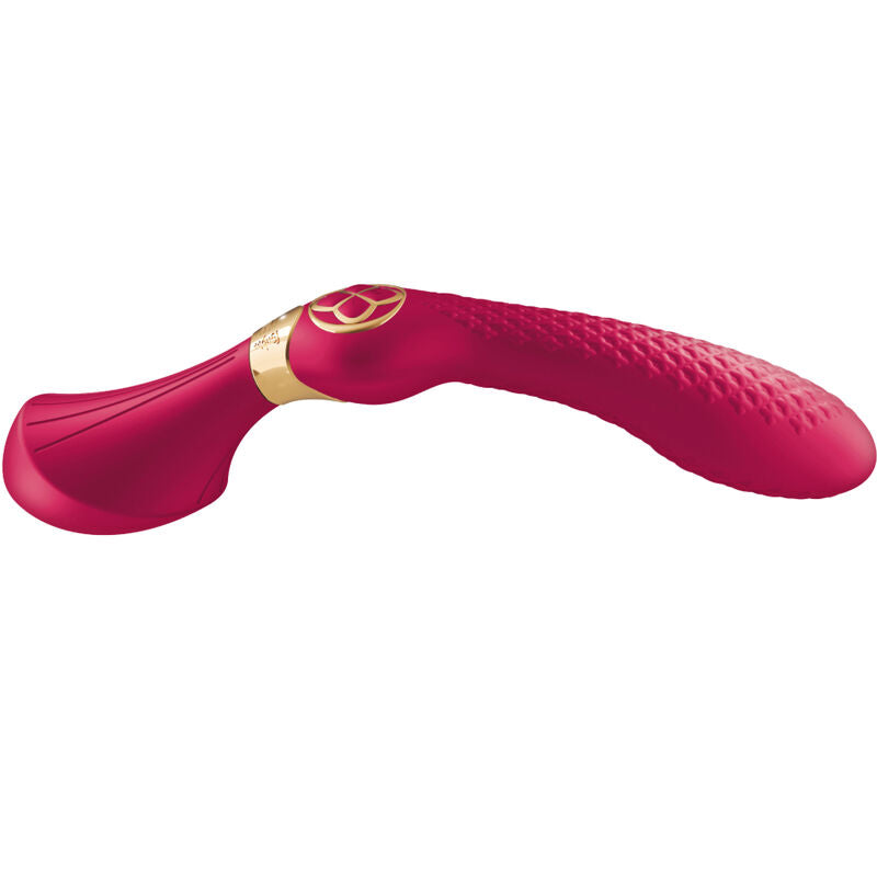 Gros plan du masseur intime Zoa Shunga fuchsia en silicone non poreux, tige ondulee texturee avec anneau dore central, stimulateur ergonomique etanche IPX7 rechargeable.