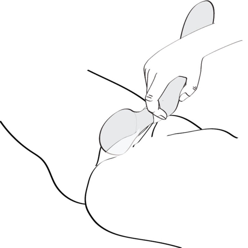 Dessin au trait illustrant une main saisissant le masseur Zoa Shunga contre une zone intime, schema d'usage du stimulateur silicone ergonomique etanche IPX7 rechargeable.