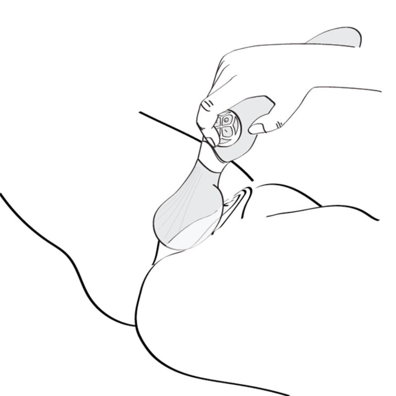 Dessin au trait montrant une main positionnant le masseur Zoa Shunga sur une zone intime, schema d'utilisation du stimulateur silicone ondule pour le plaisir feminin.