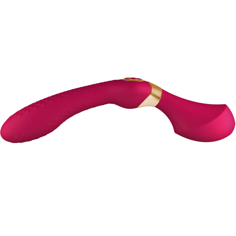Masseur intime Zoa Shunga fuchsia vu de profil, longue tige courbee en silicone texture avec bague doree, stimulateur ondule ergonomique etanche et rechargeable par USB.